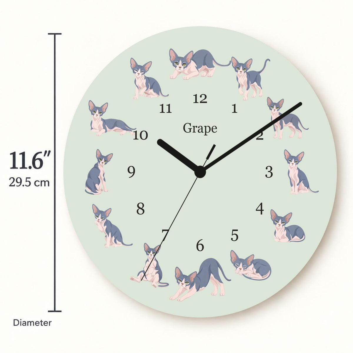 Personalized Sphynx Cat wooden wall clock with example name Grape; size