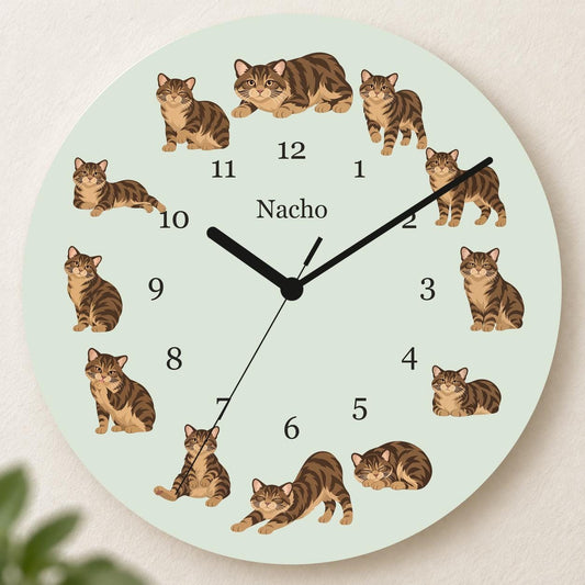 Personalized Manx Cat wooden wall clock with example name Nacho; hero