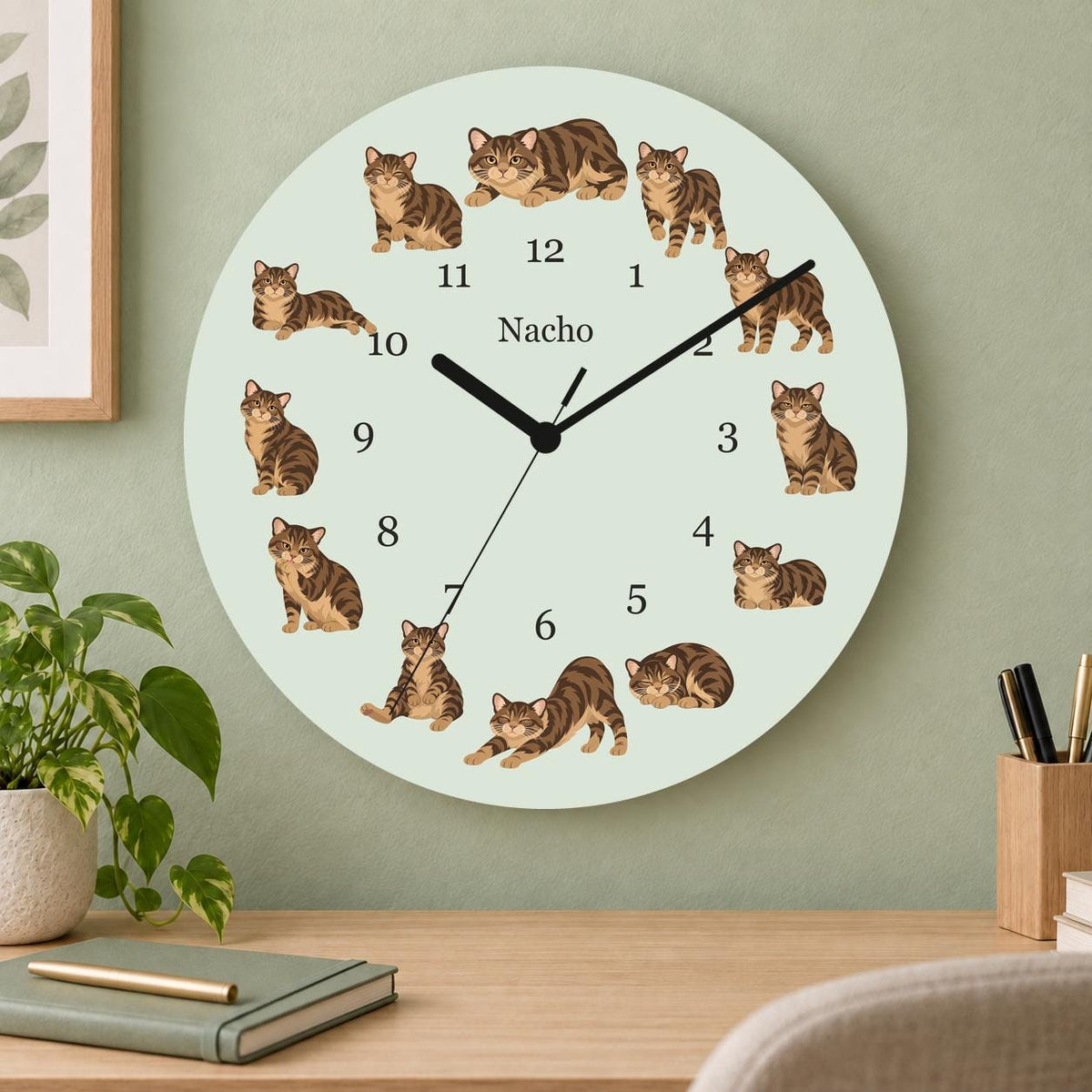 Personalized Manx Cat wooden wall clock with example name Nacho; home office