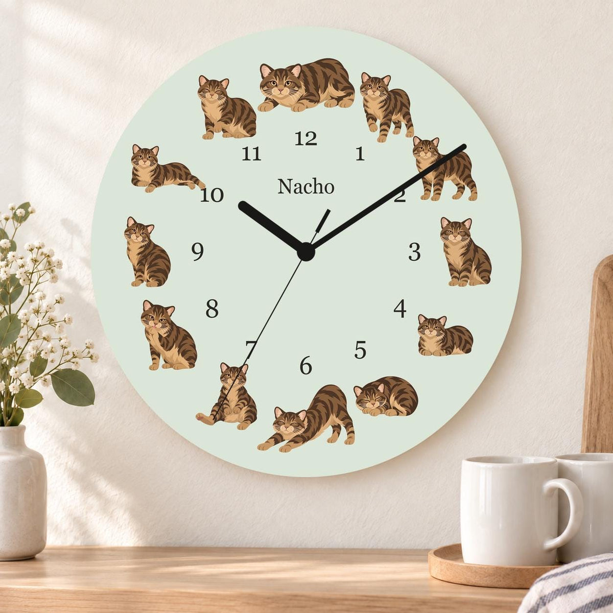 Personalized Manx Cat wooden wall clock with example name Nacho; kitchen