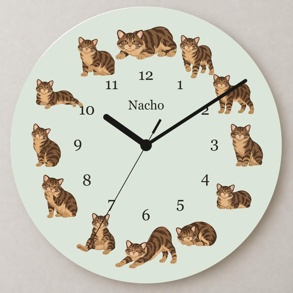 Personalized Manx Cat wooden wall clock with example name Nacho; close up