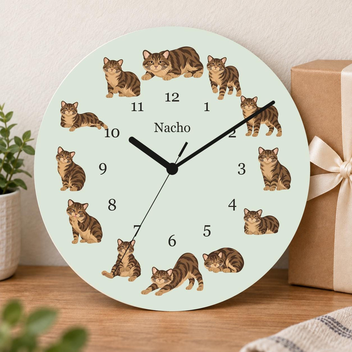 Personalized Manx Cat wooden wall clock with example name Nacho; gift