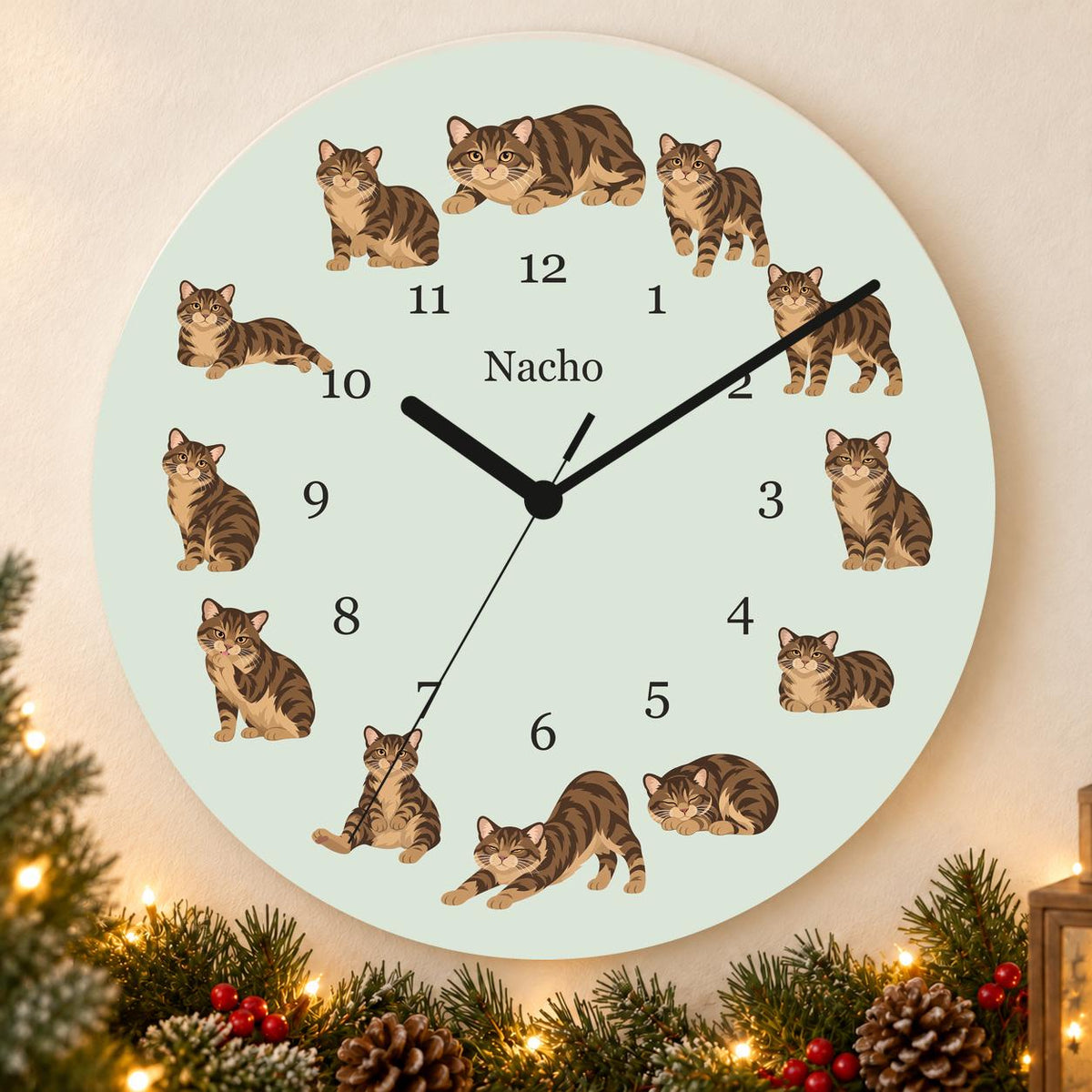 Personalized Manx Cat wooden wall clock with example name Nacho; holiday