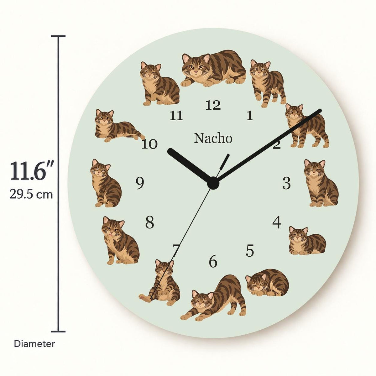 Personalized Manx Cat wooden wall clock with example name Nacho; size