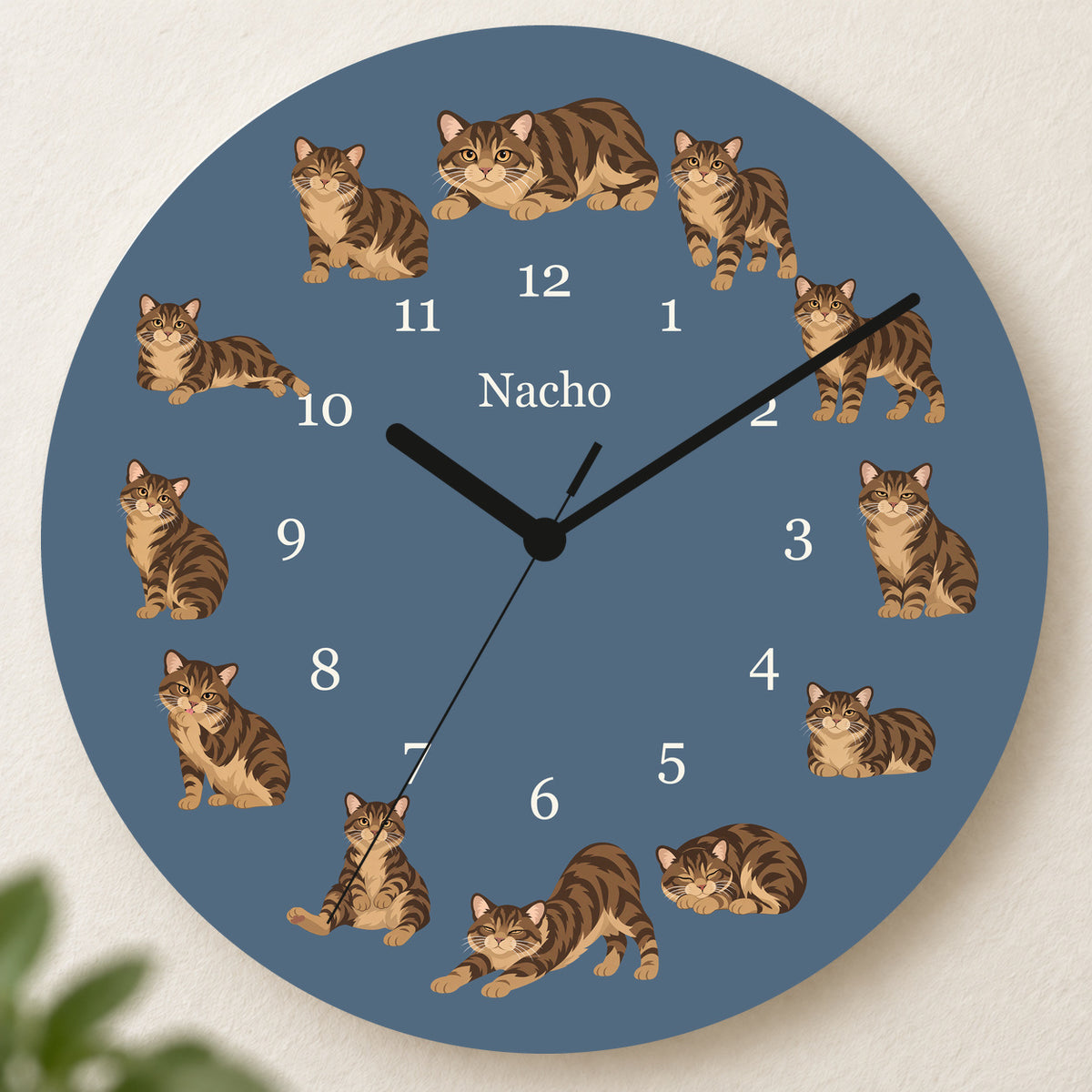 Personalized Manx Cat Wall Clock, Custom Pet Name, 11.6 Inch Wooden Clock — Muted Denim background