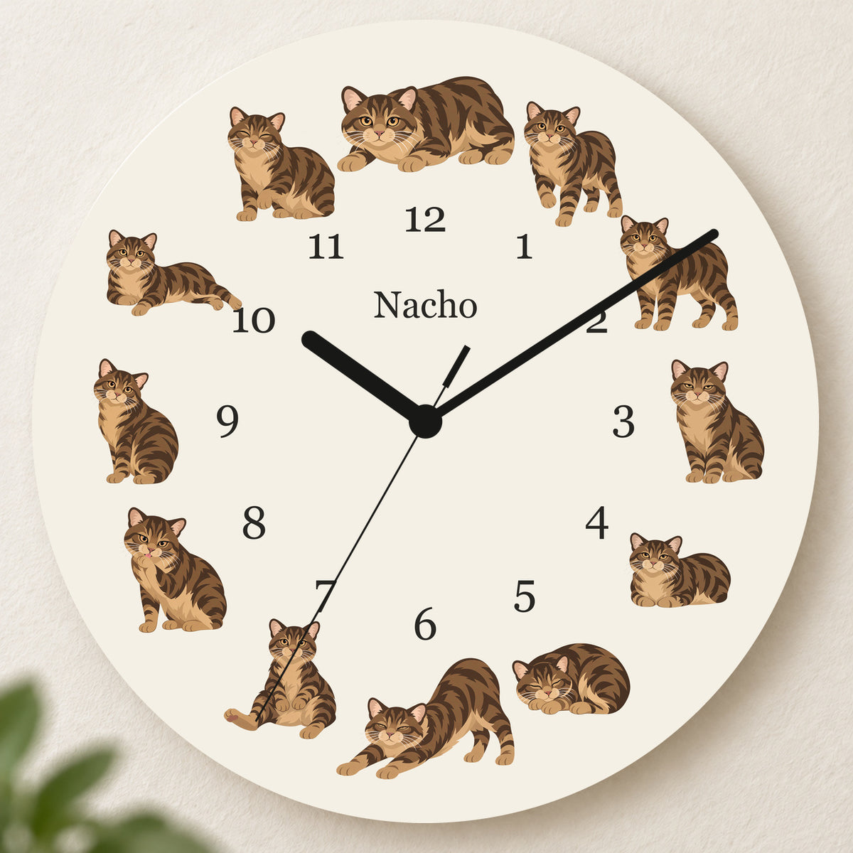 Personalized Manx Cat Wall Clock, Custom Pet Name, 11.6 Inch Wooden Clock — Warm Ivory background