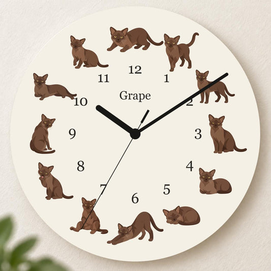 Personalized European Burmese Cat wooden wall clock with example name Grape; hero
