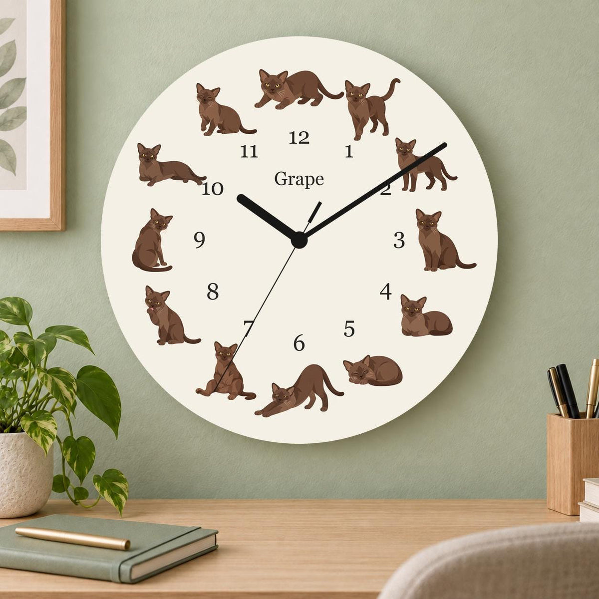 Personalized European Burmese Cat wooden wall clock with example name Grape; home office