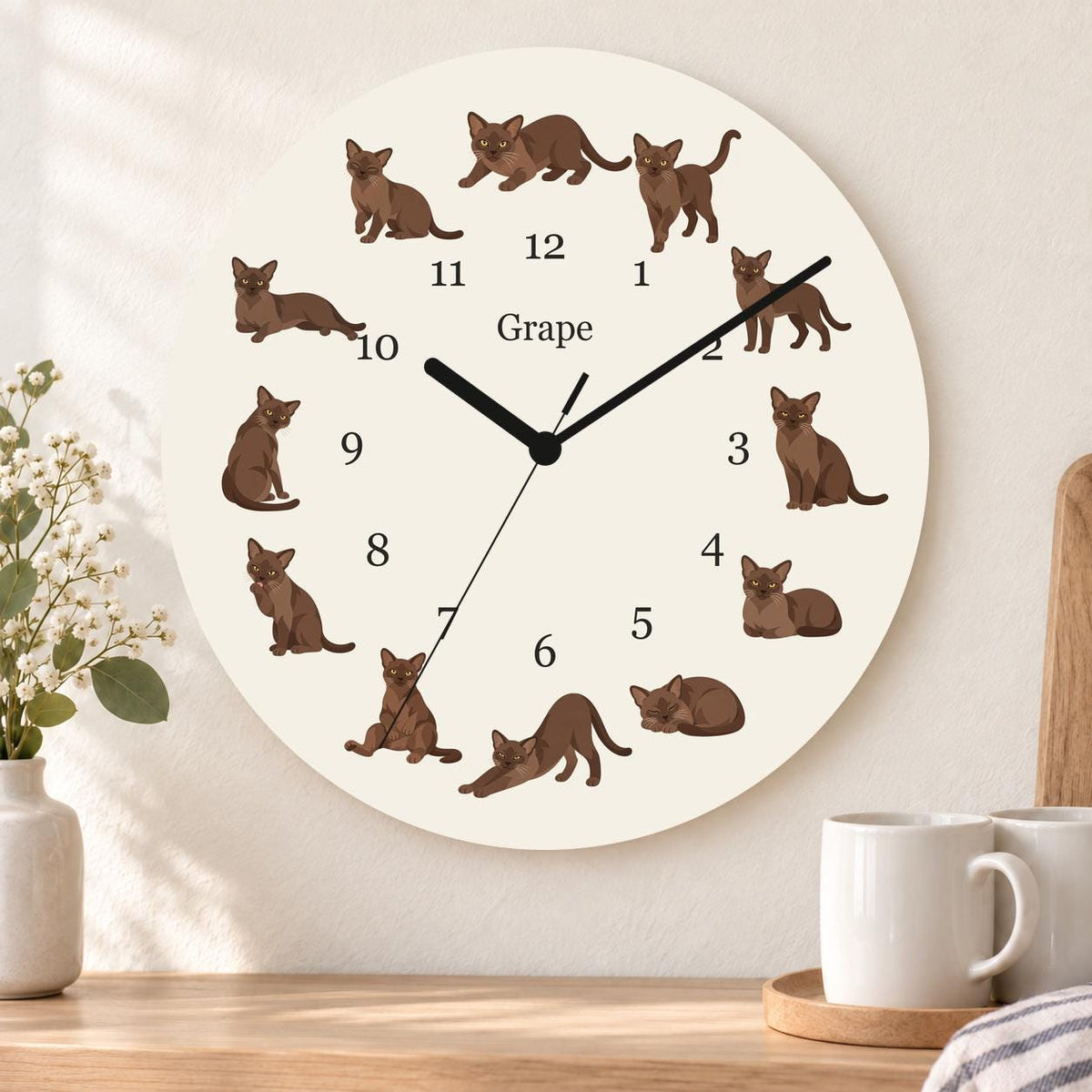 Personalized European Burmese Cat wooden wall clock with example name Grape; kitchen