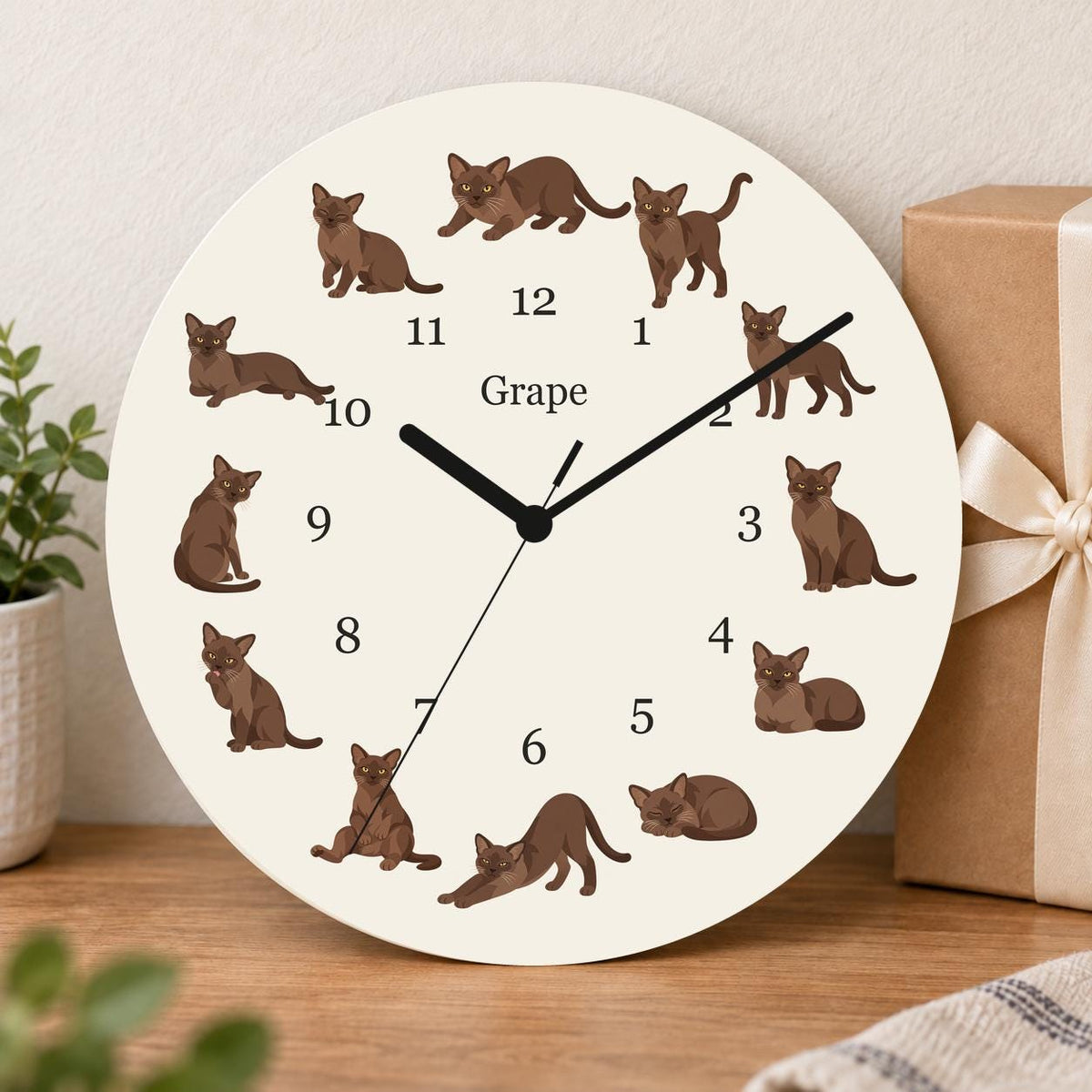 Personalized European Burmese Cat wooden wall clock with example name Grape; gift