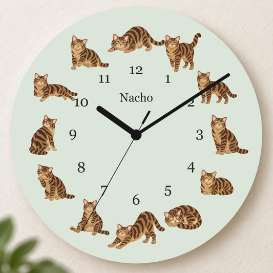 Personalized American Wirehair Cat wooden wall clock with example name Nacho; hero