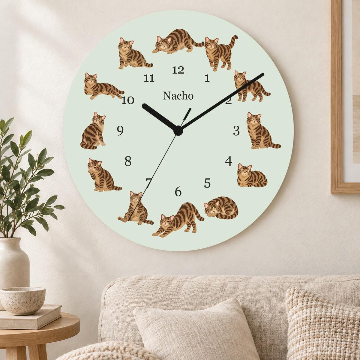 Personalized American Wirehair Cat wooden wall clock with example name Nacho; living room