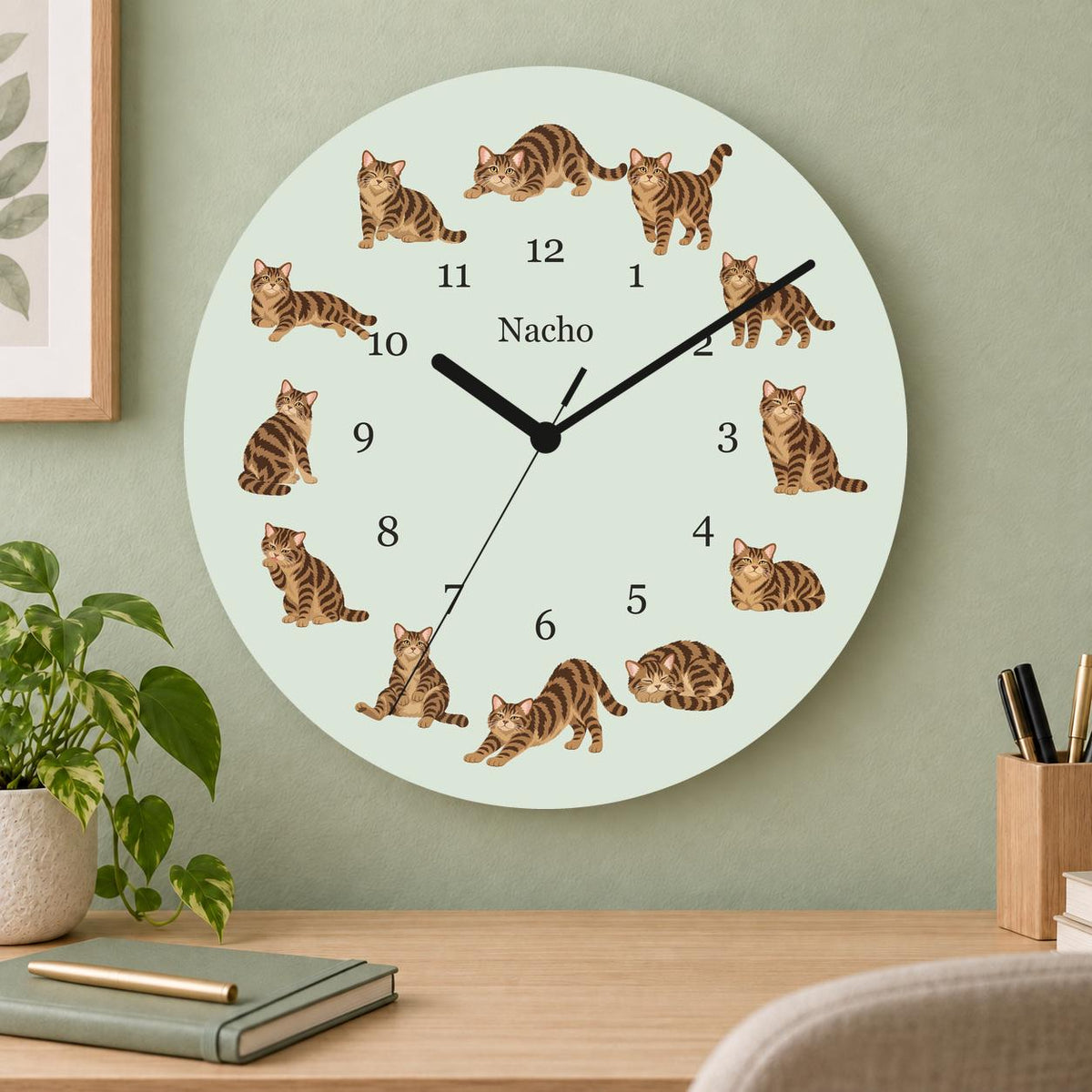 Personalized American Wirehair Cat wooden wall clock with example name Nacho; home office