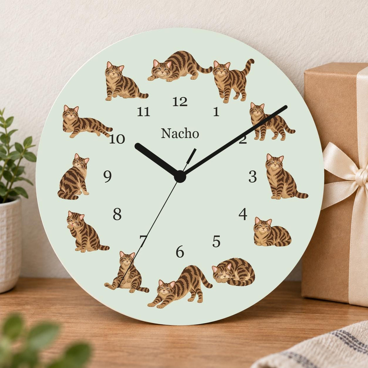 Personalized American Wirehair Cat wooden wall clock with example name Nacho; gift