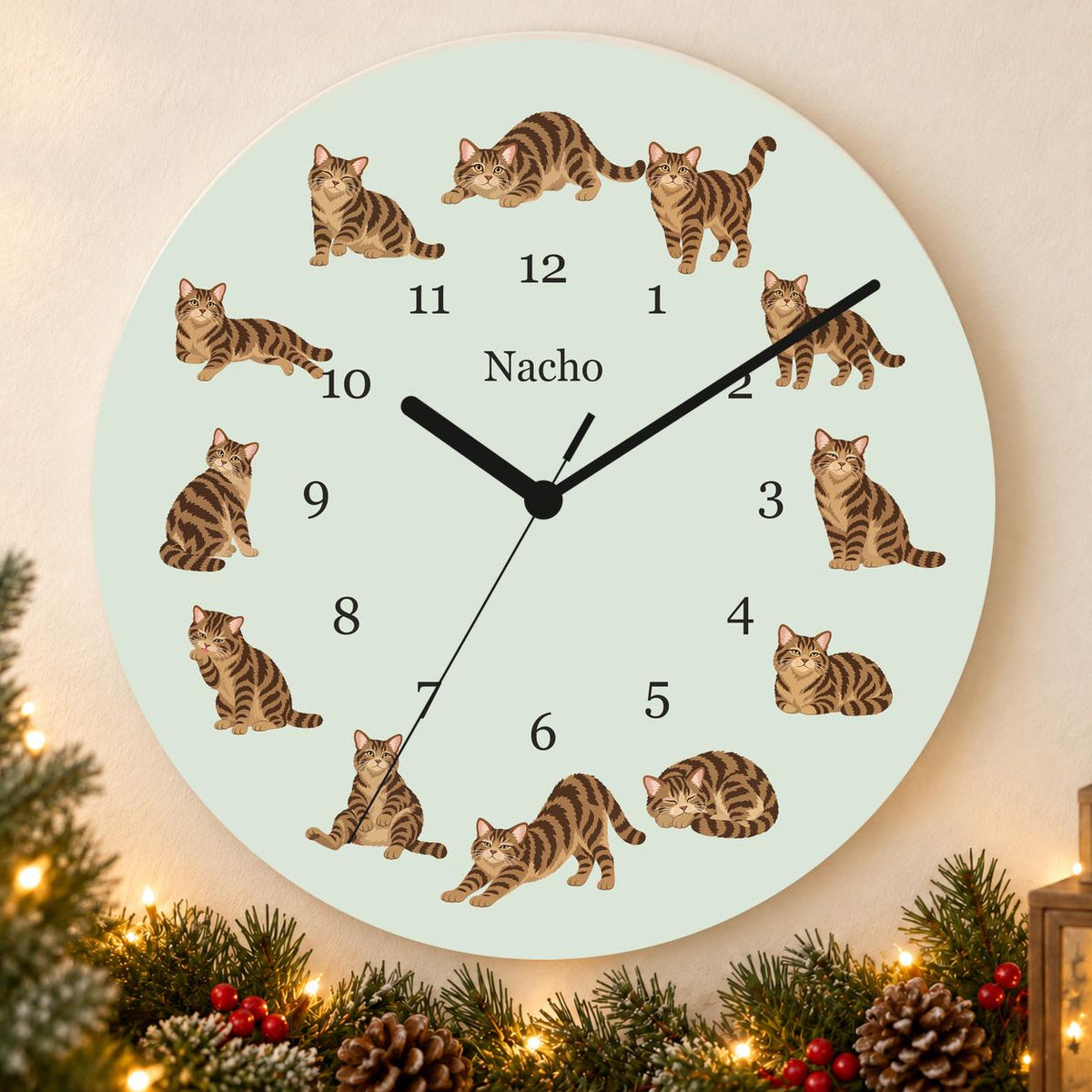 Personalized American Wirehair Cat wooden wall clock with example name Nacho; holiday