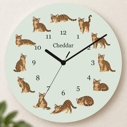 Personalized Domestic Shorthair Cat wooden wall clock with example name Cheddar; hero