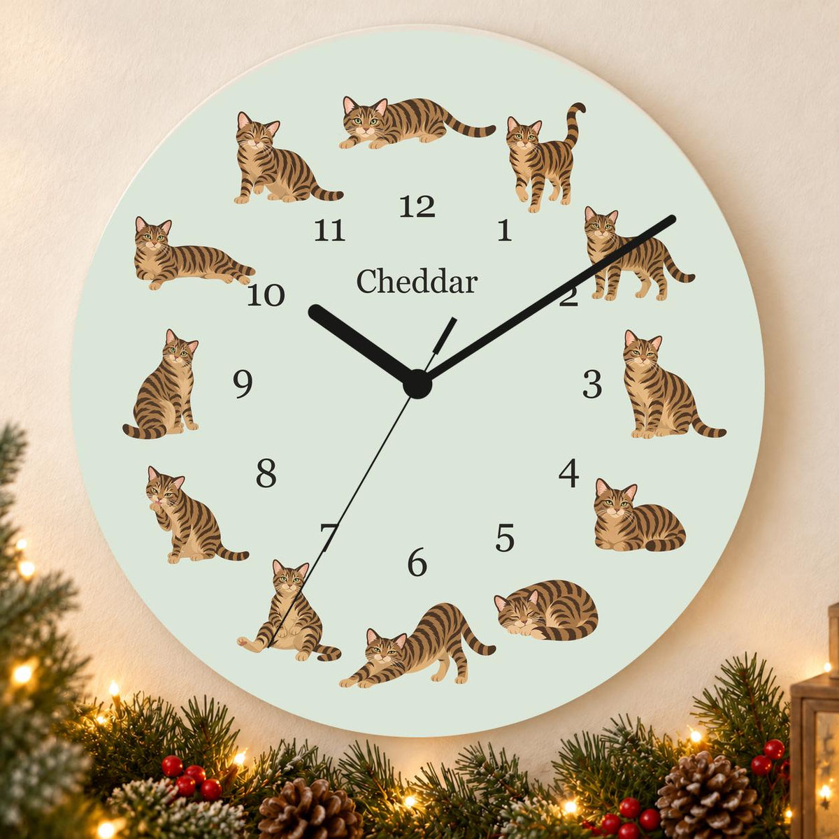 Personalized Domestic Shorthair Cat wooden wall clock with example name Cheddar; holiday