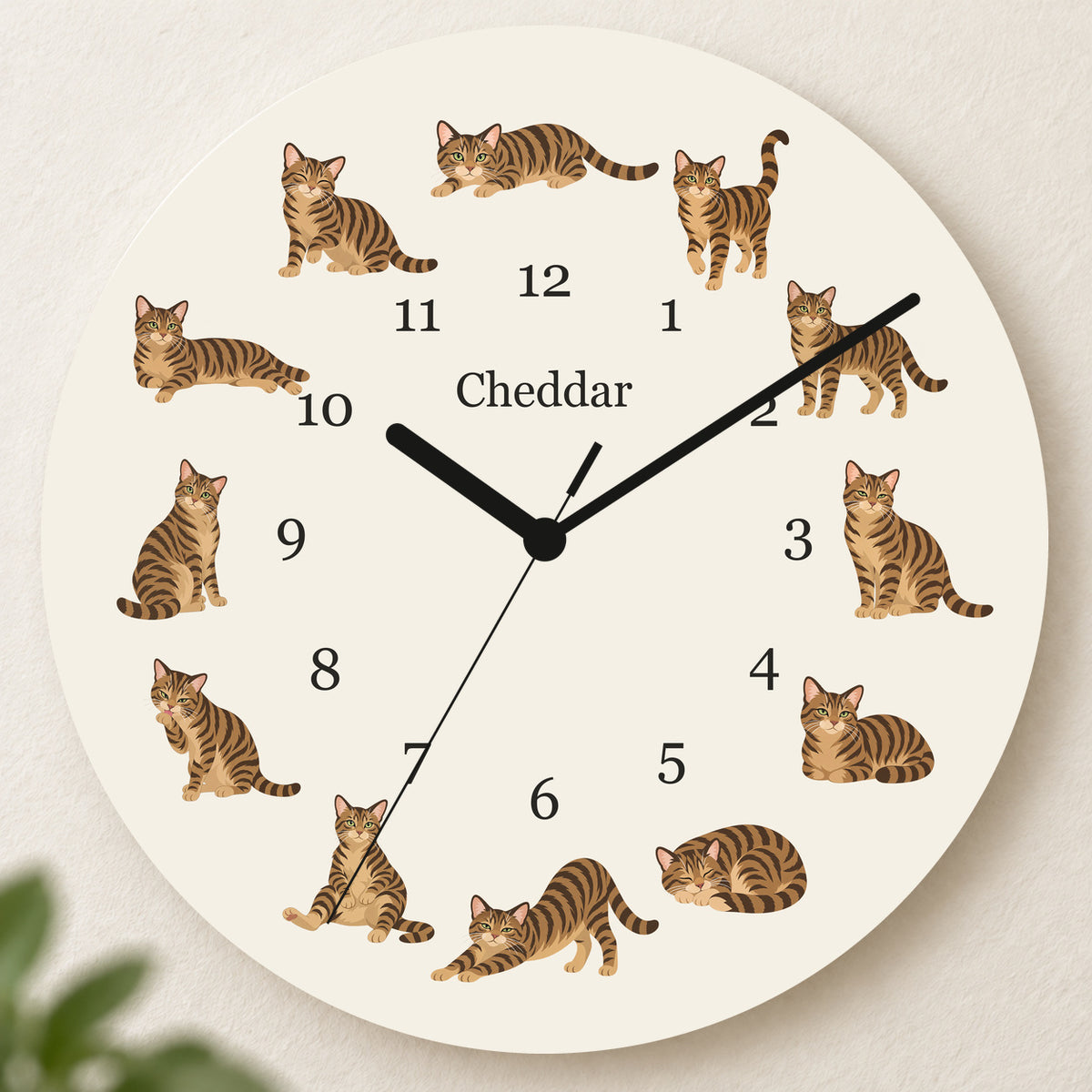Personalized Domestic Shorthair Cat Wall Clock, Custom Pet Name, 11.6 Inch Wooden Clock — Warm Ivory background