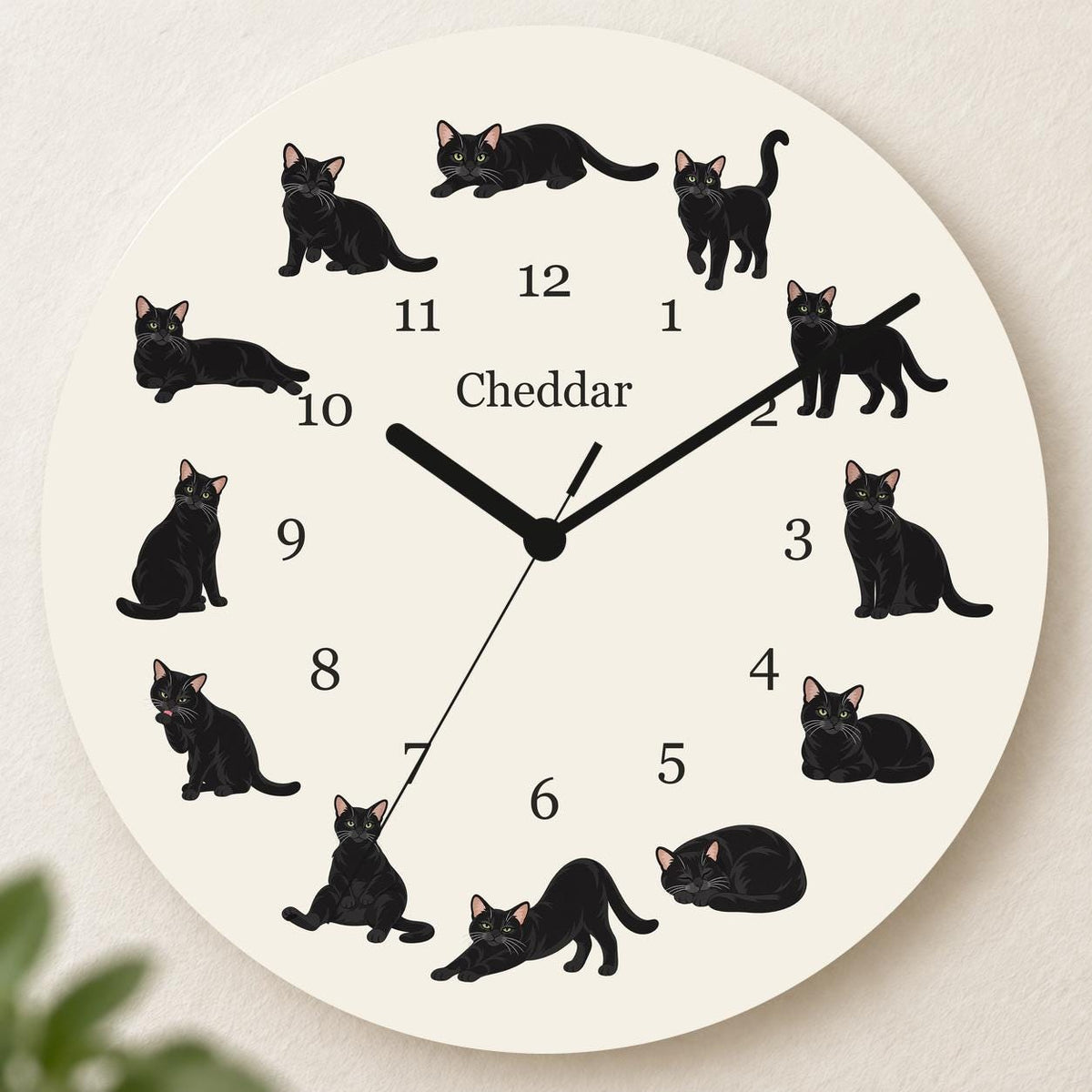 Personalized Domestic Shorthair Cat wooden wall clock with example name Cheddar; hero