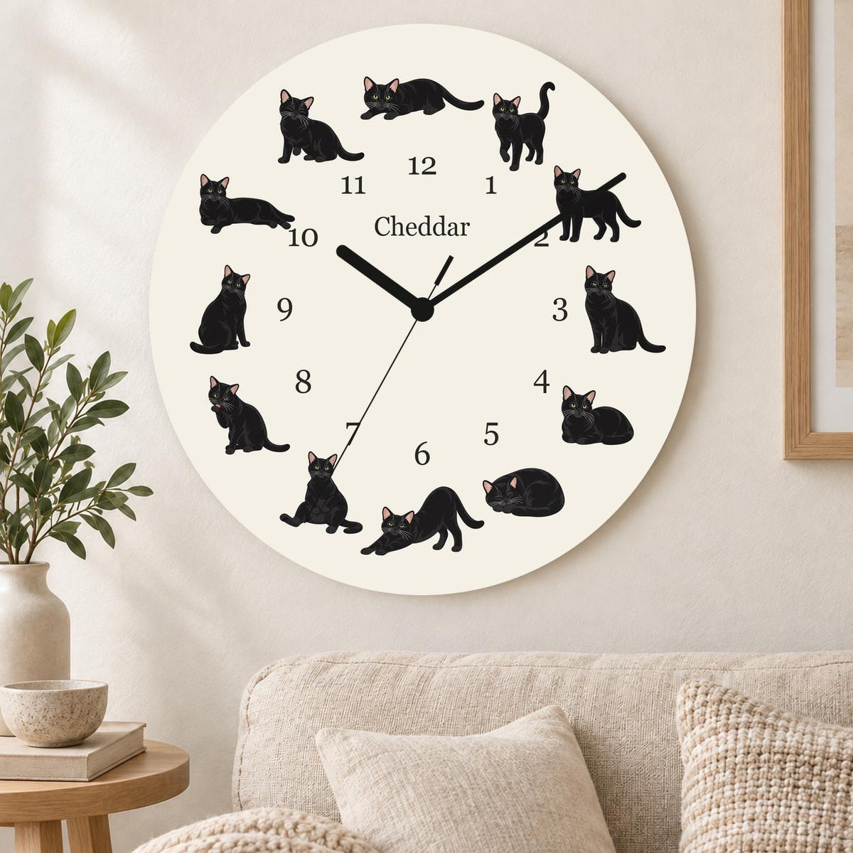 Personalized Domestic Shorthair Cat wooden wall clock with example name Cheddar; living room