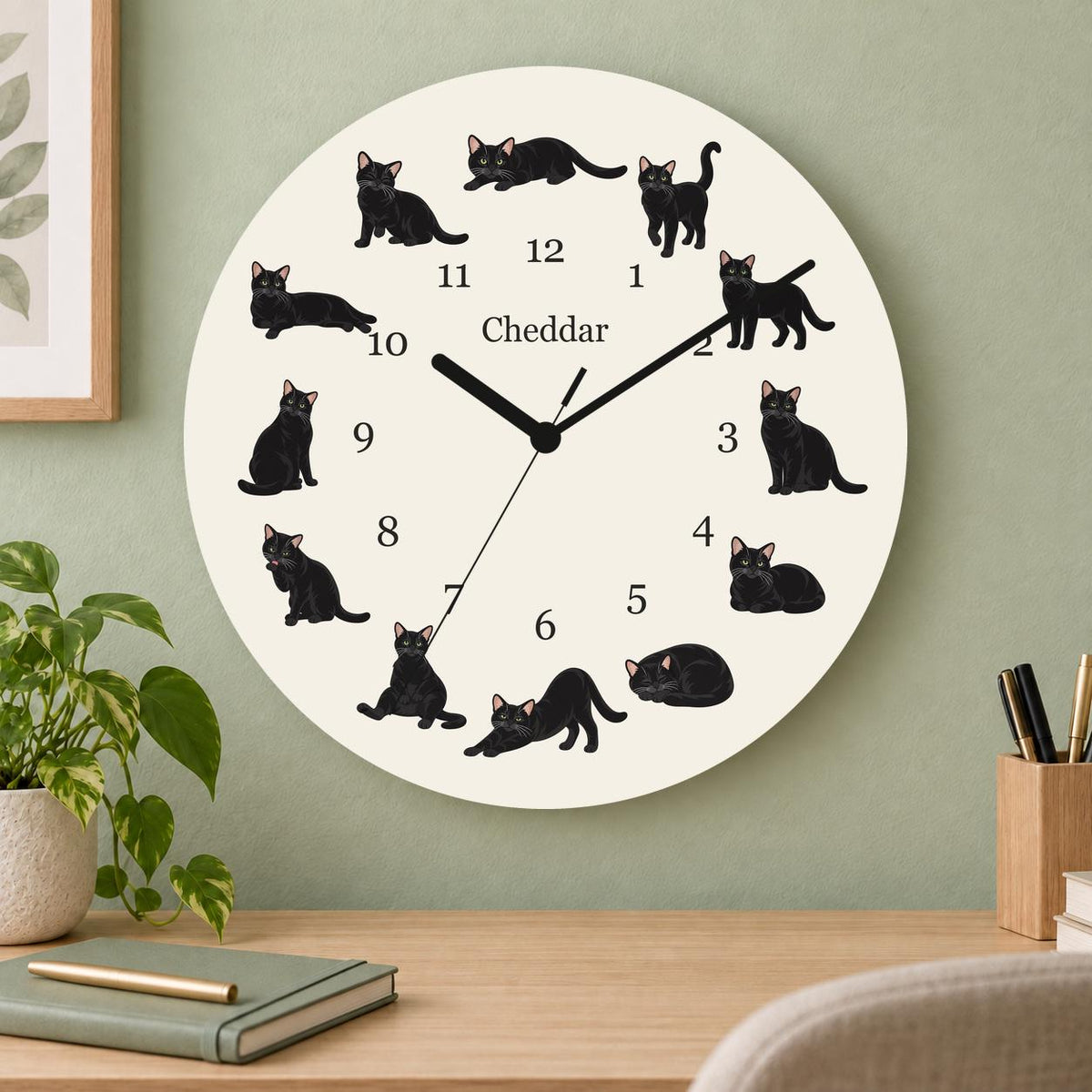 Personalized Domestic Shorthair Cat wooden wall clock with example name Cheddar; home office