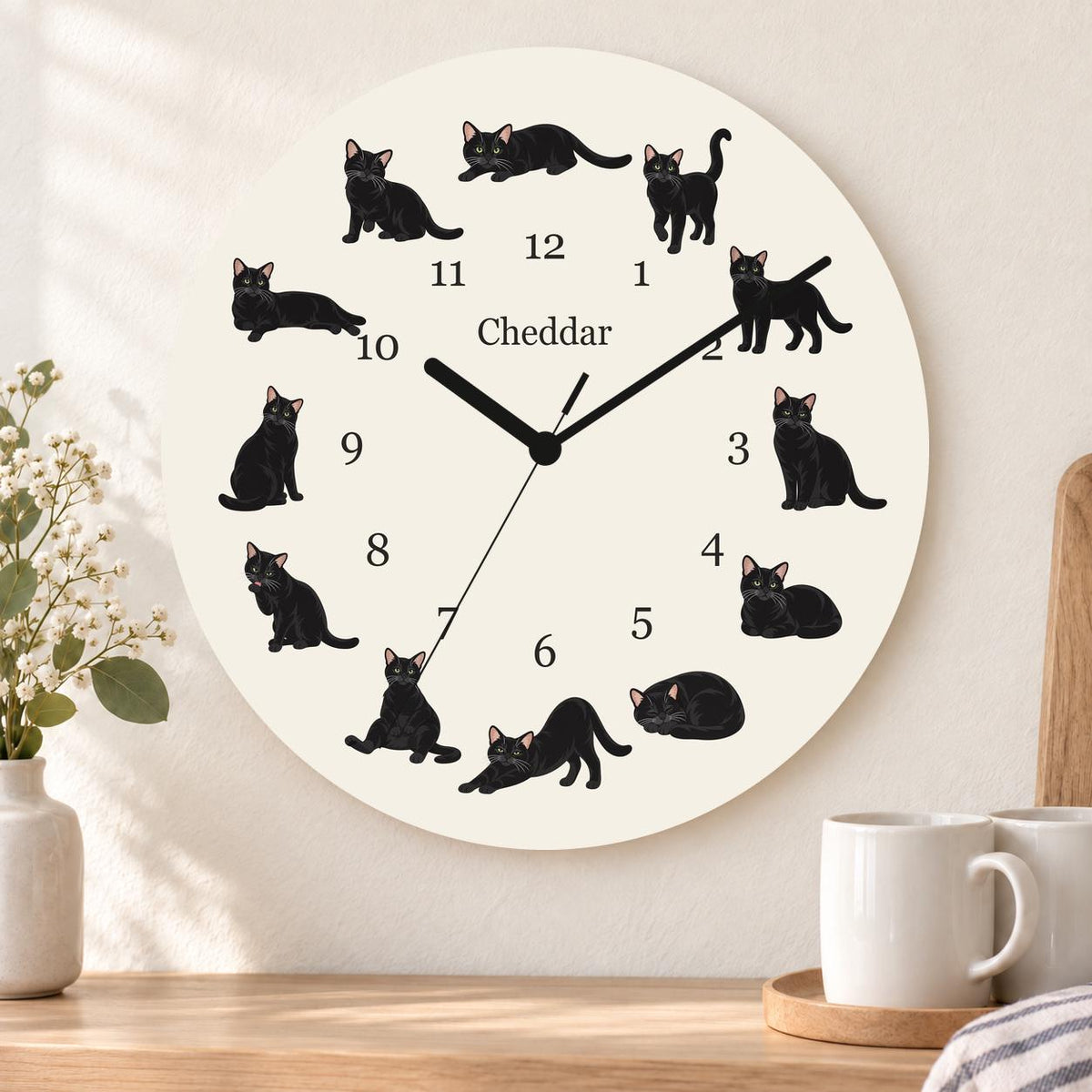 Personalized Domestic Shorthair Cat wooden wall clock with example name Cheddar; kitchen