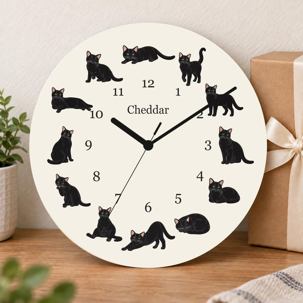 Personalized Domestic Shorthair Cat wooden wall clock with example name Cheddar; gift