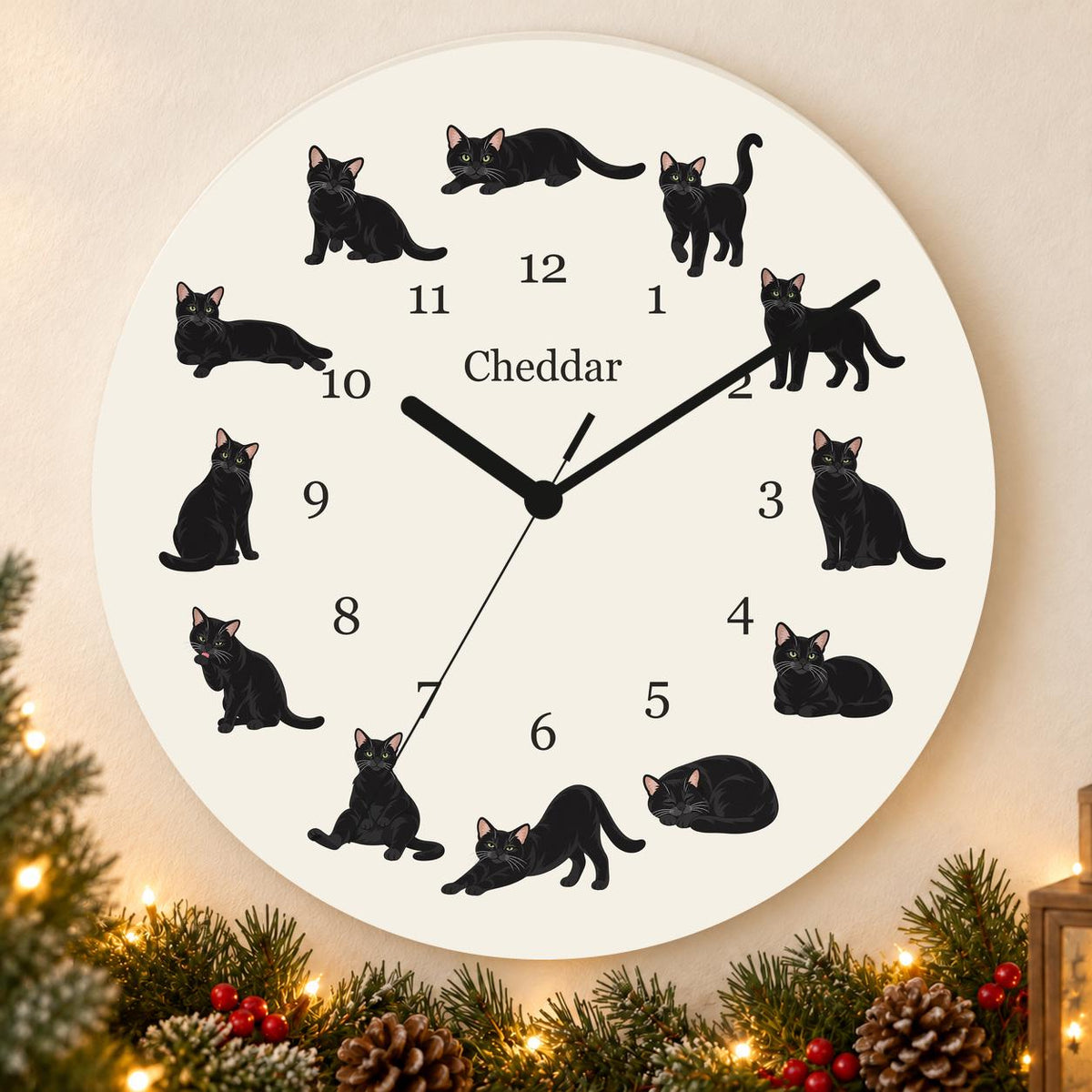 Personalized Domestic Shorthair Cat wooden wall clock with example name Cheddar; holiday