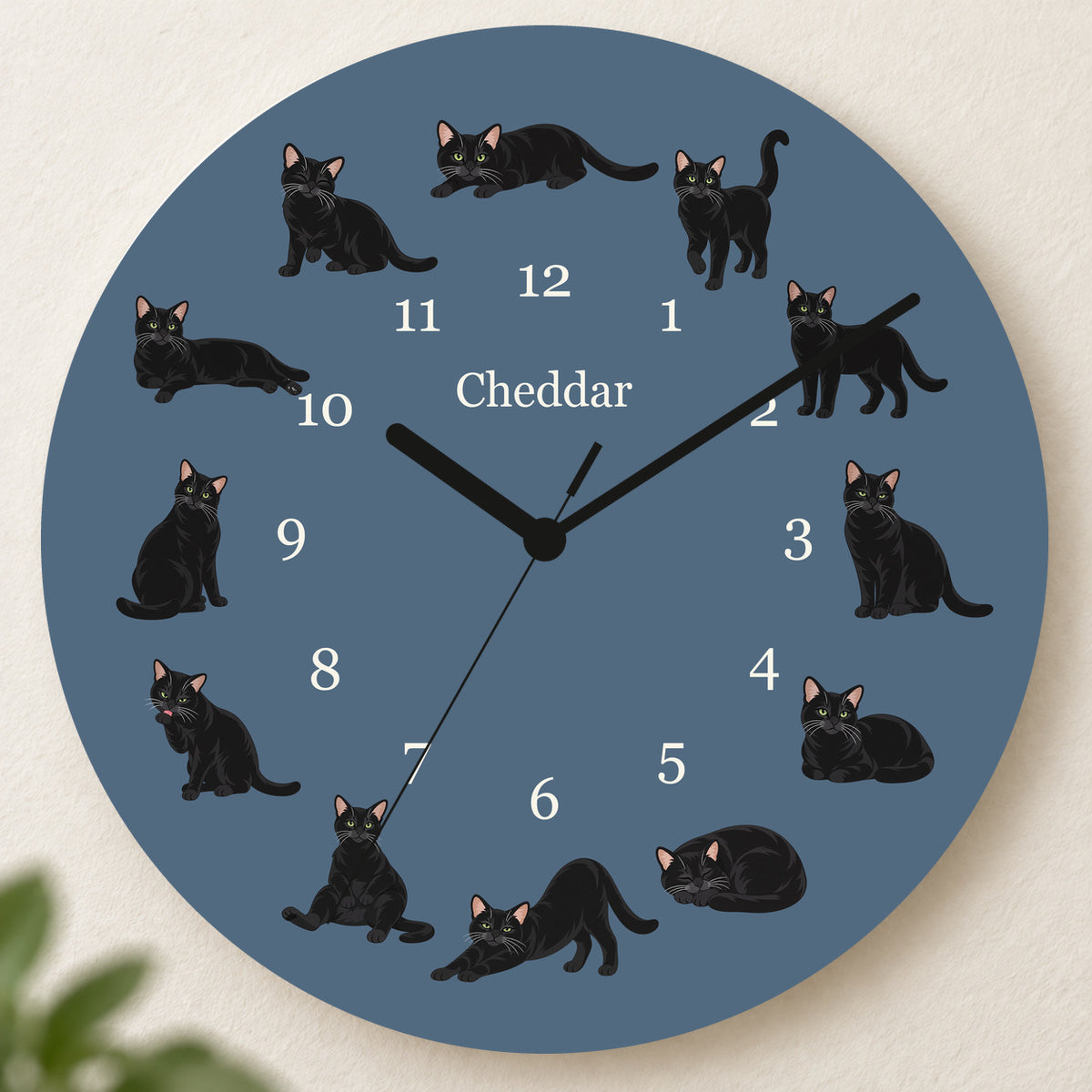 Personalized Domestic Shorthair Cat Wall Clock, Custom Pet Name, 11.6 Inch Wooden Clock — Muted Denim background