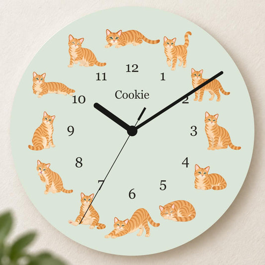 Personalized Domestic Shorthair Cat wooden wall clock with example name Cookie; hero