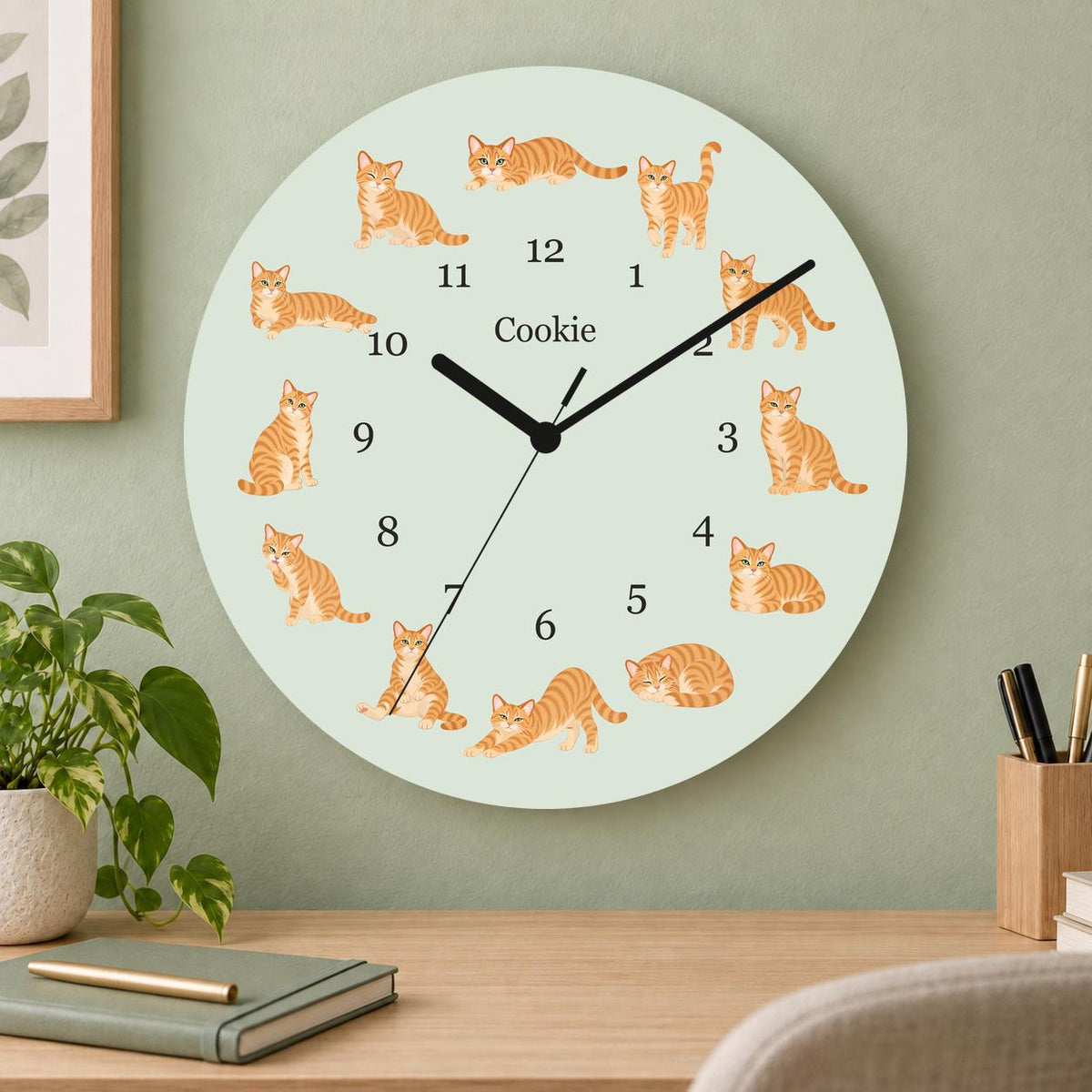 Personalized Domestic Shorthair Cat wooden wall clock with example name Cookie; home office