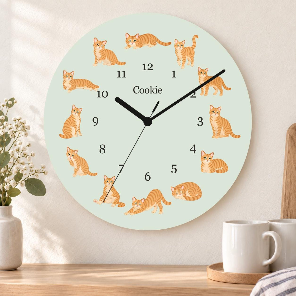 Personalized Domestic Shorthair Cat wooden wall clock with example name Cookie; kitchen