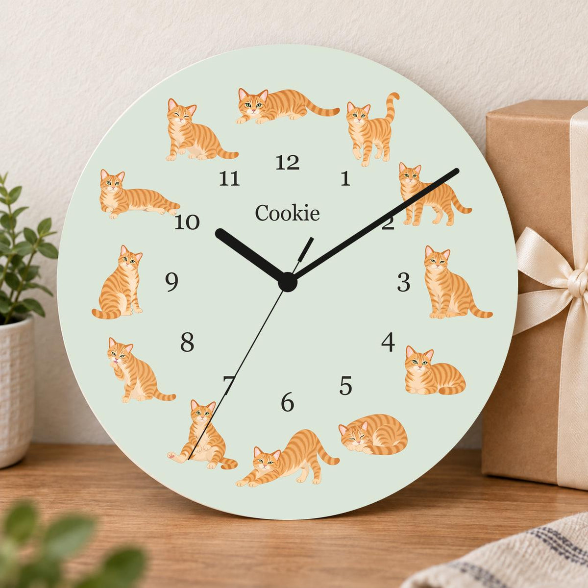 Personalized Domestic Shorthair Cat wooden wall clock with example name Cookie; gift