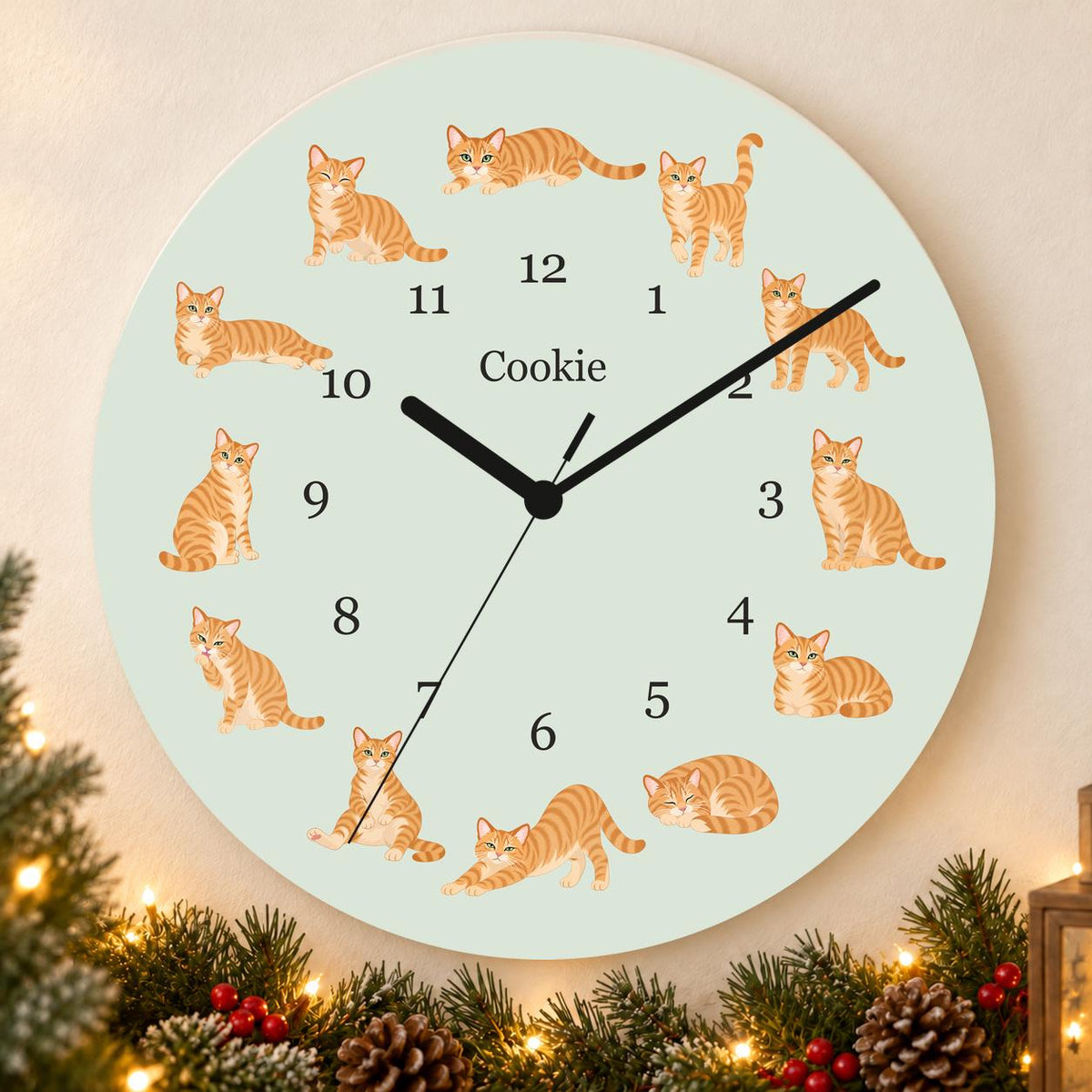 Personalized Domestic Shorthair Cat wooden wall clock with example name Cookie; holiday