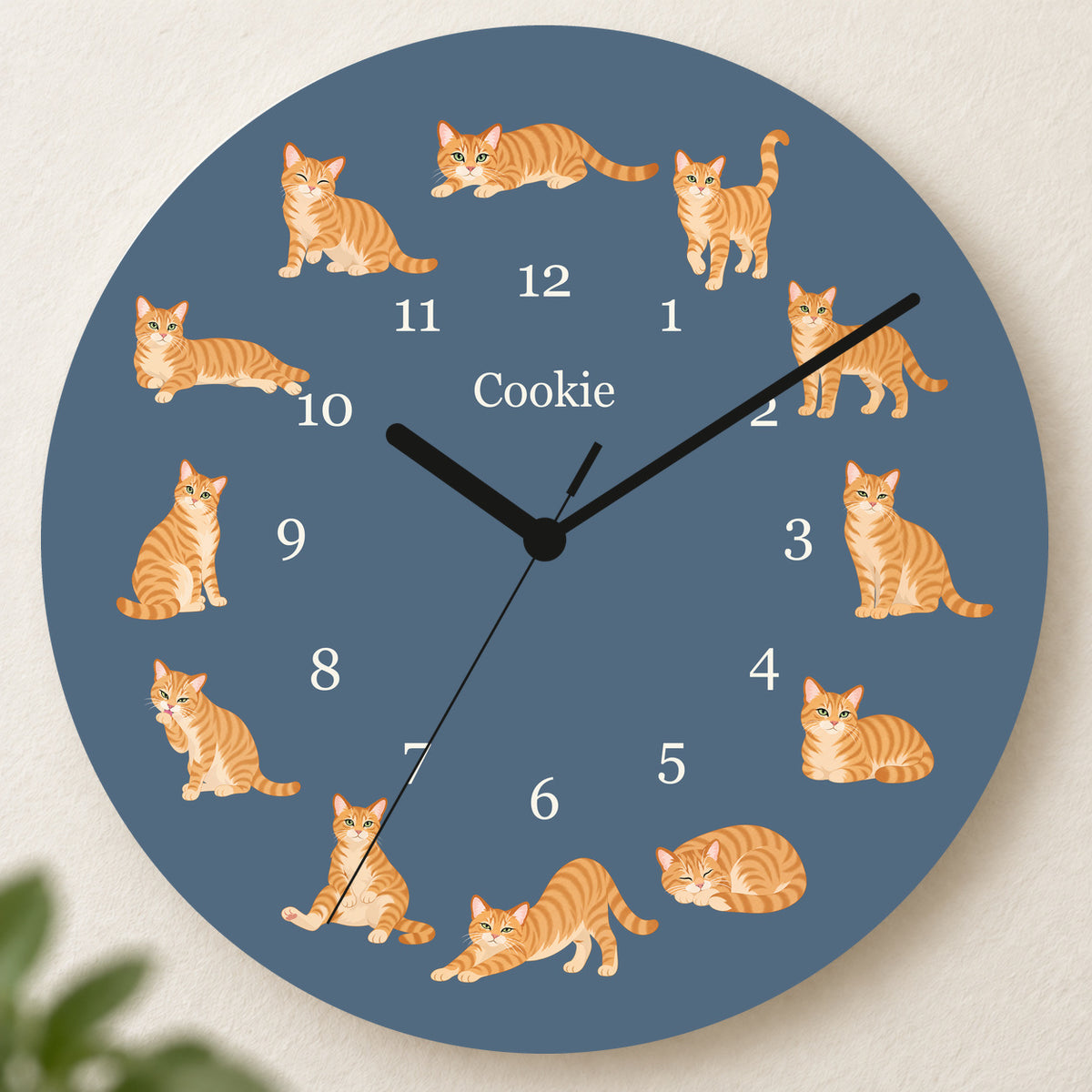 Personalized Domestic Shorthair Cat Wall Clock, Custom Pet Name, 11.6 Inch Wooden Clock — Muted Denim background