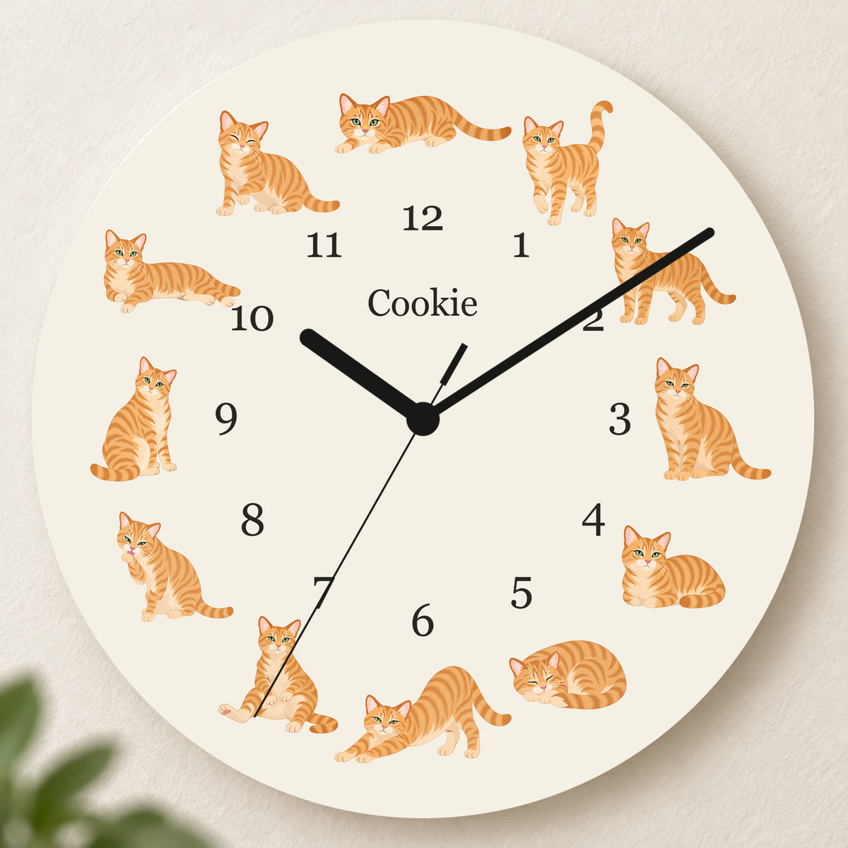 Personalized Domestic Shorthair Cat Wall Clock, Custom Pet Name, 11.6 Inch Wooden Clock — Warm Ivory background
