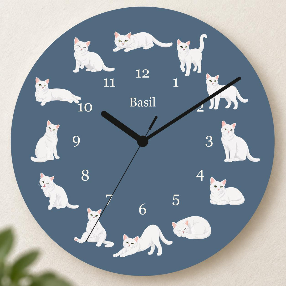 Personalized Domestic Shorthair Cat wooden wall clock with example name Basil; hero