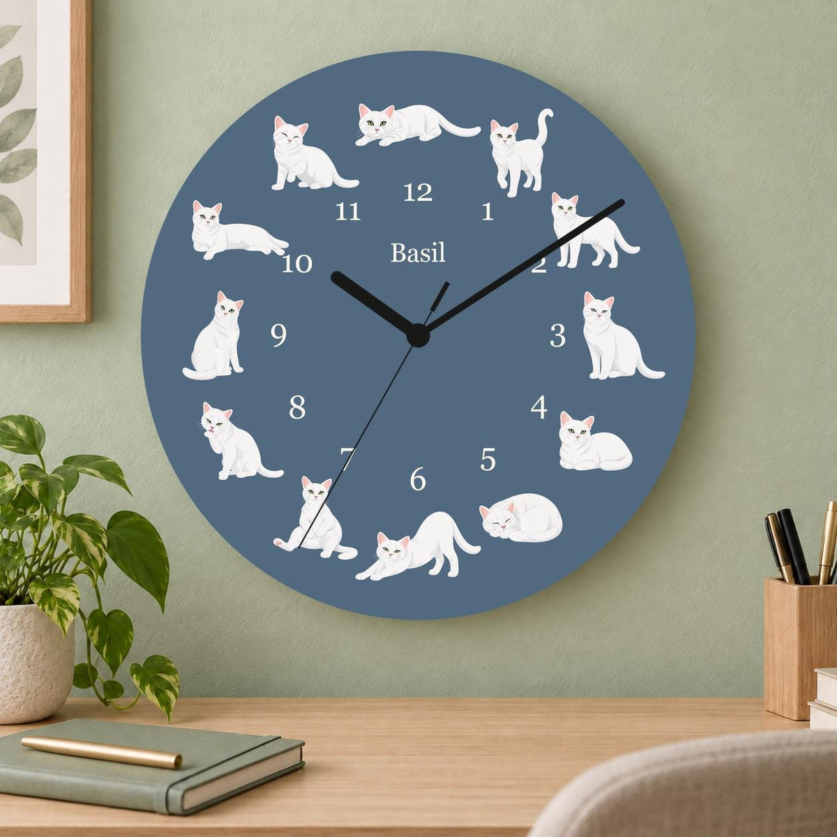 Personalized Domestic Shorthair Cat wooden wall clock with example name Basil; home office