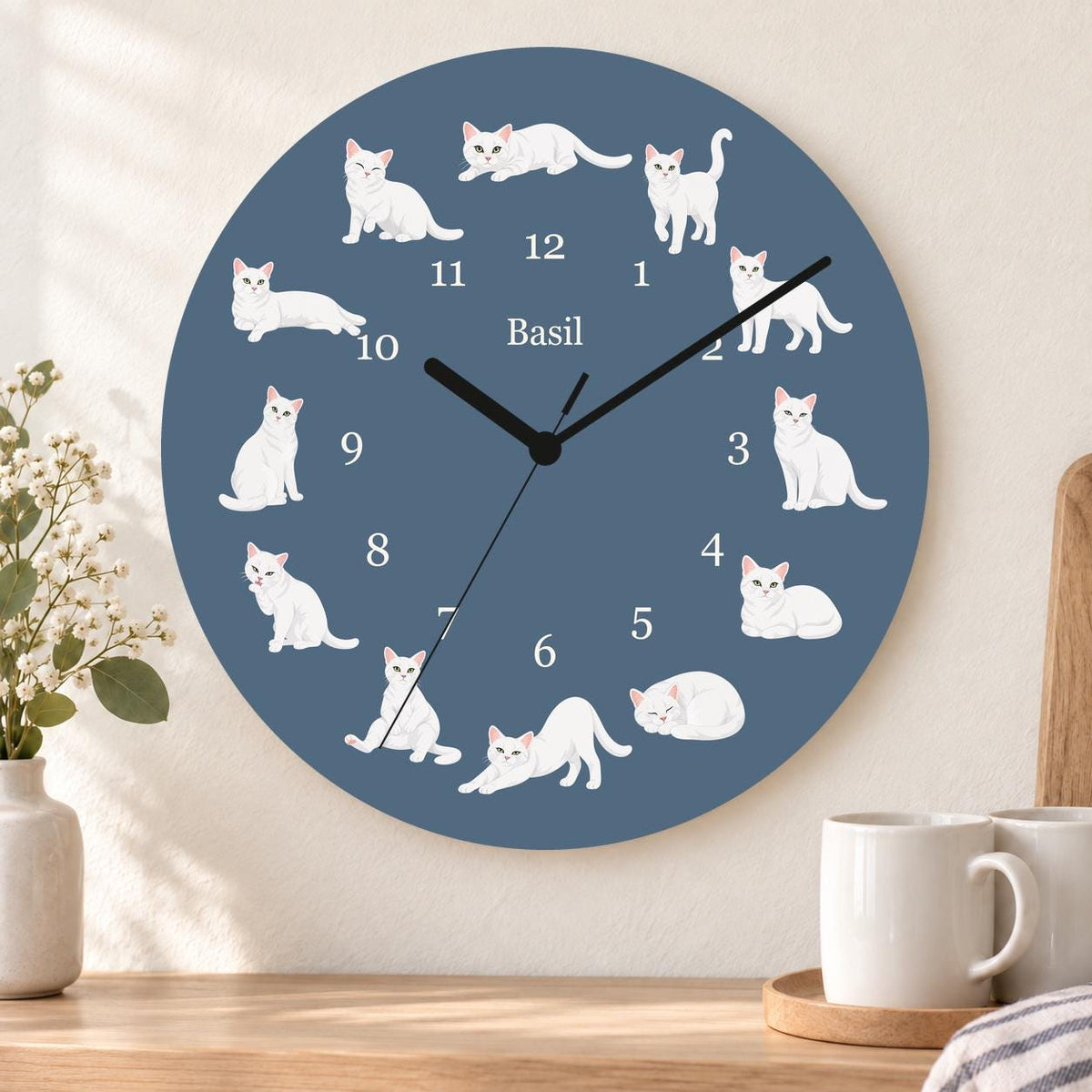 Personalized Domestic Shorthair Cat wooden wall clock with example name Basil; kitchen