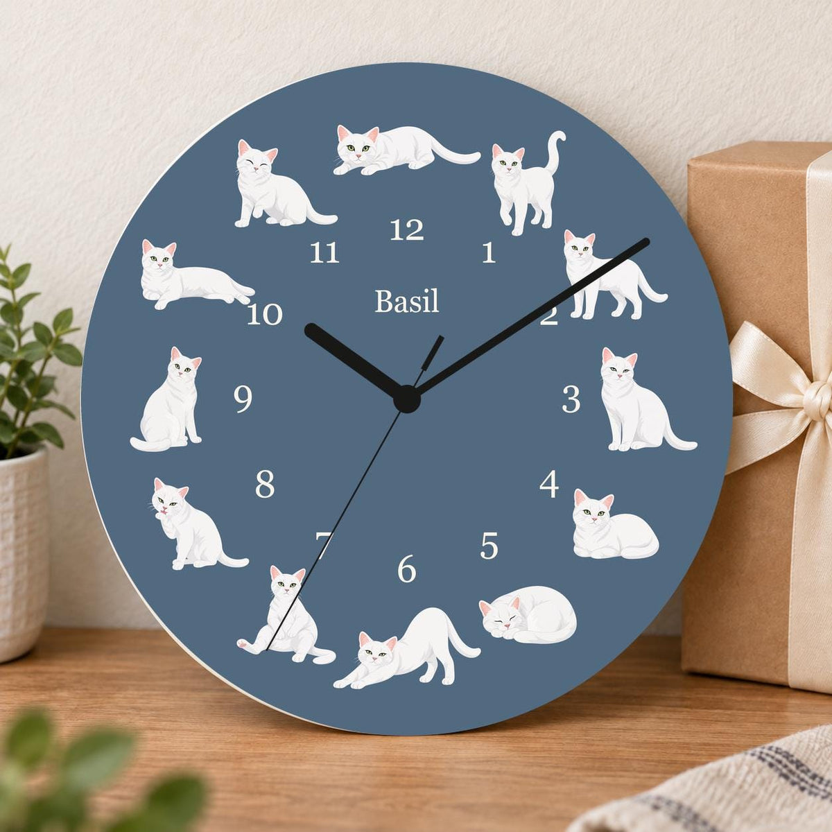Personalized Domestic Shorthair Cat wooden wall clock with example name Basil; gift