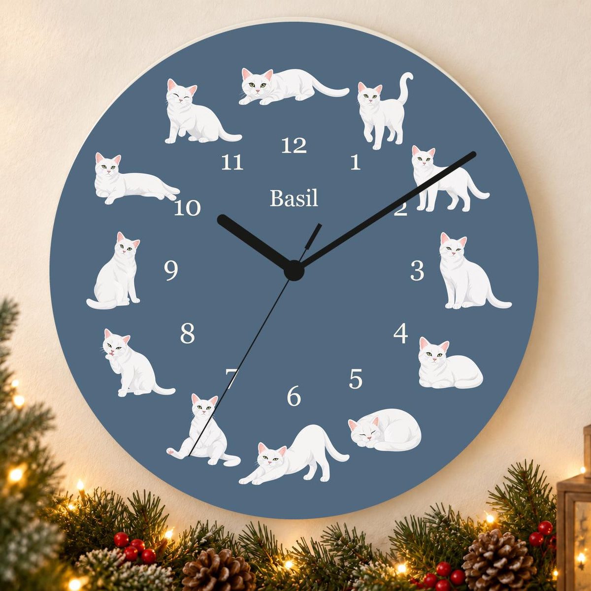 Personalized Domestic Shorthair Cat wooden wall clock with example name Basil; holiday