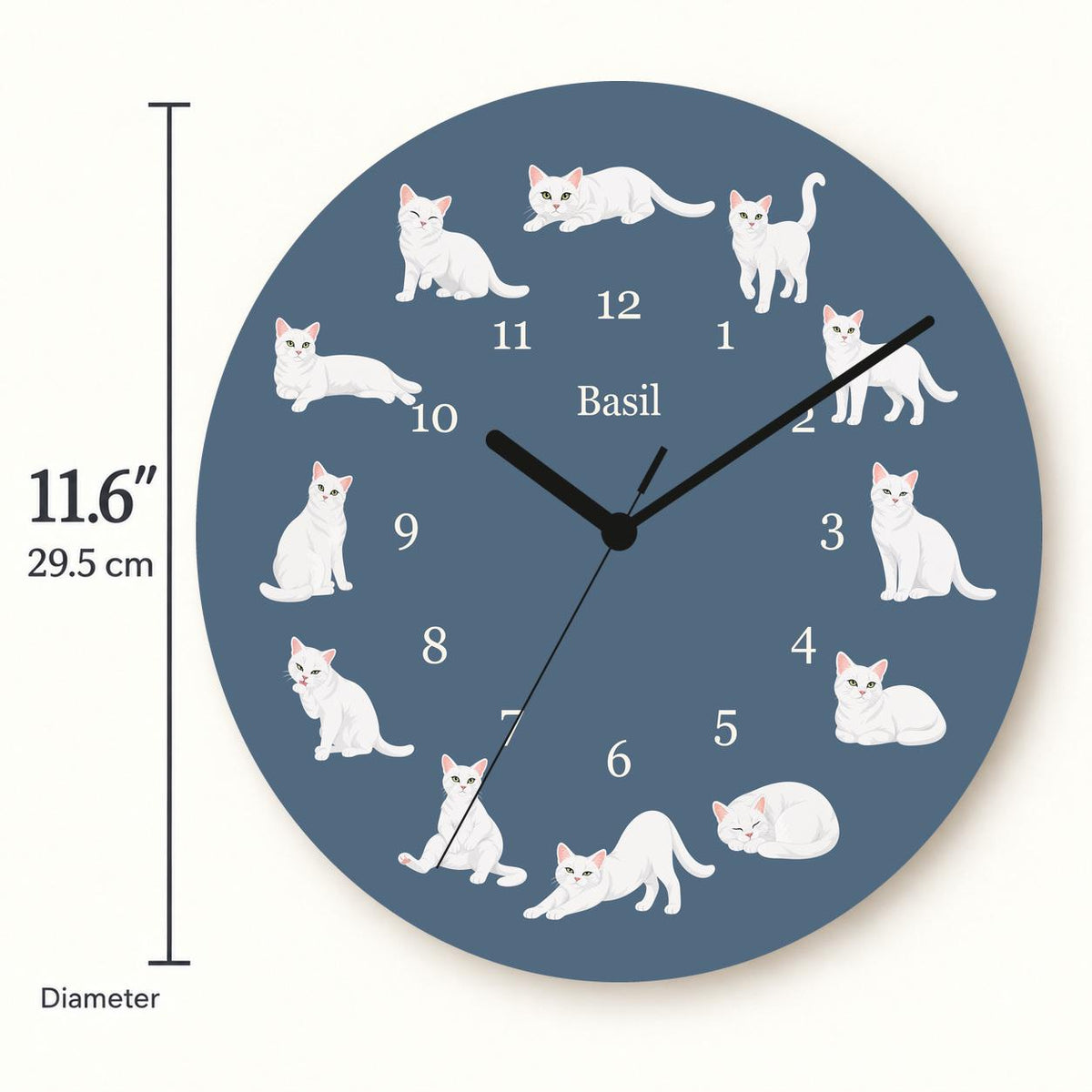 Personalized Domestic Shorthair Cat wooden wall clock with example name Basil; size