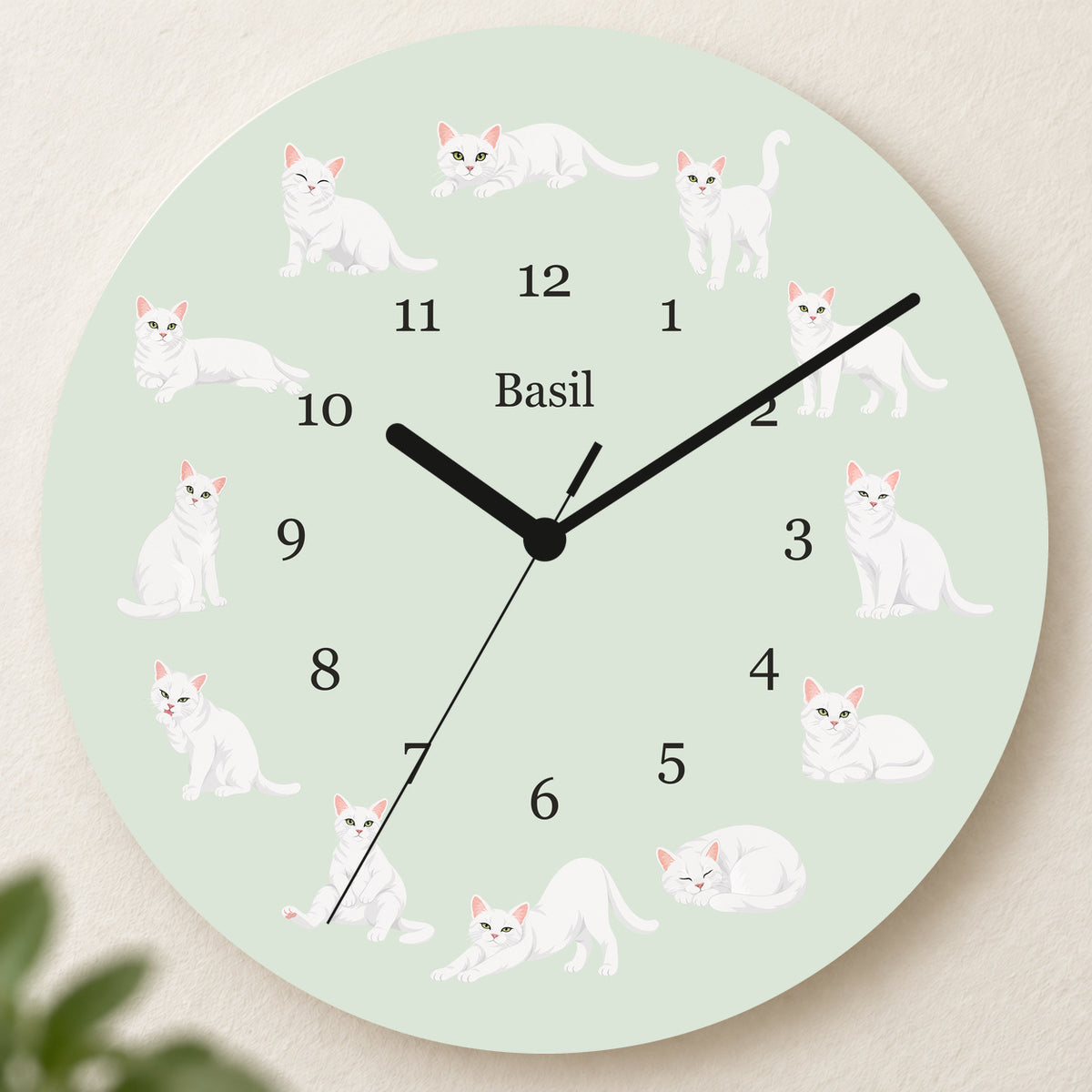 Personalized Domestic Shorthair Cat Wall Clock, Custom Pet Name, 11.6 Inch Wooden Clock — Pale Sage background