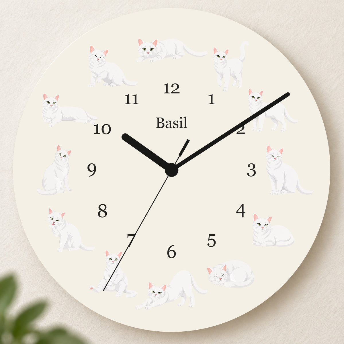Personalized Domestic Shorthair Cat Wall Clock, Custom Pet Name, 11.6 Inch Wooden Clock — Warm Ivory background