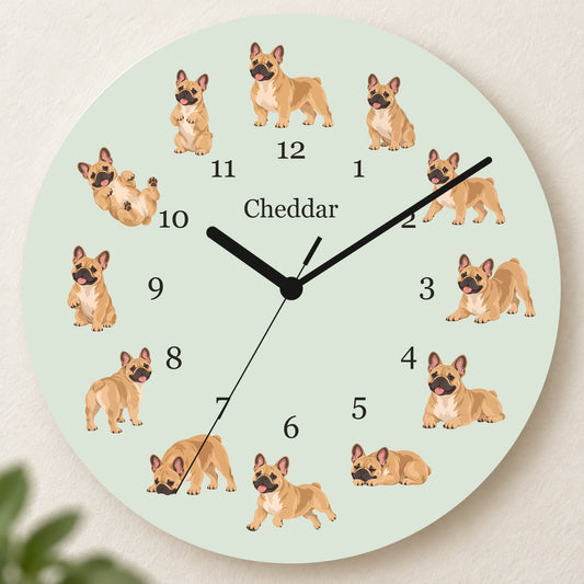 Personalized French Bulldog wooden wall clock with example name Cheddar; hero