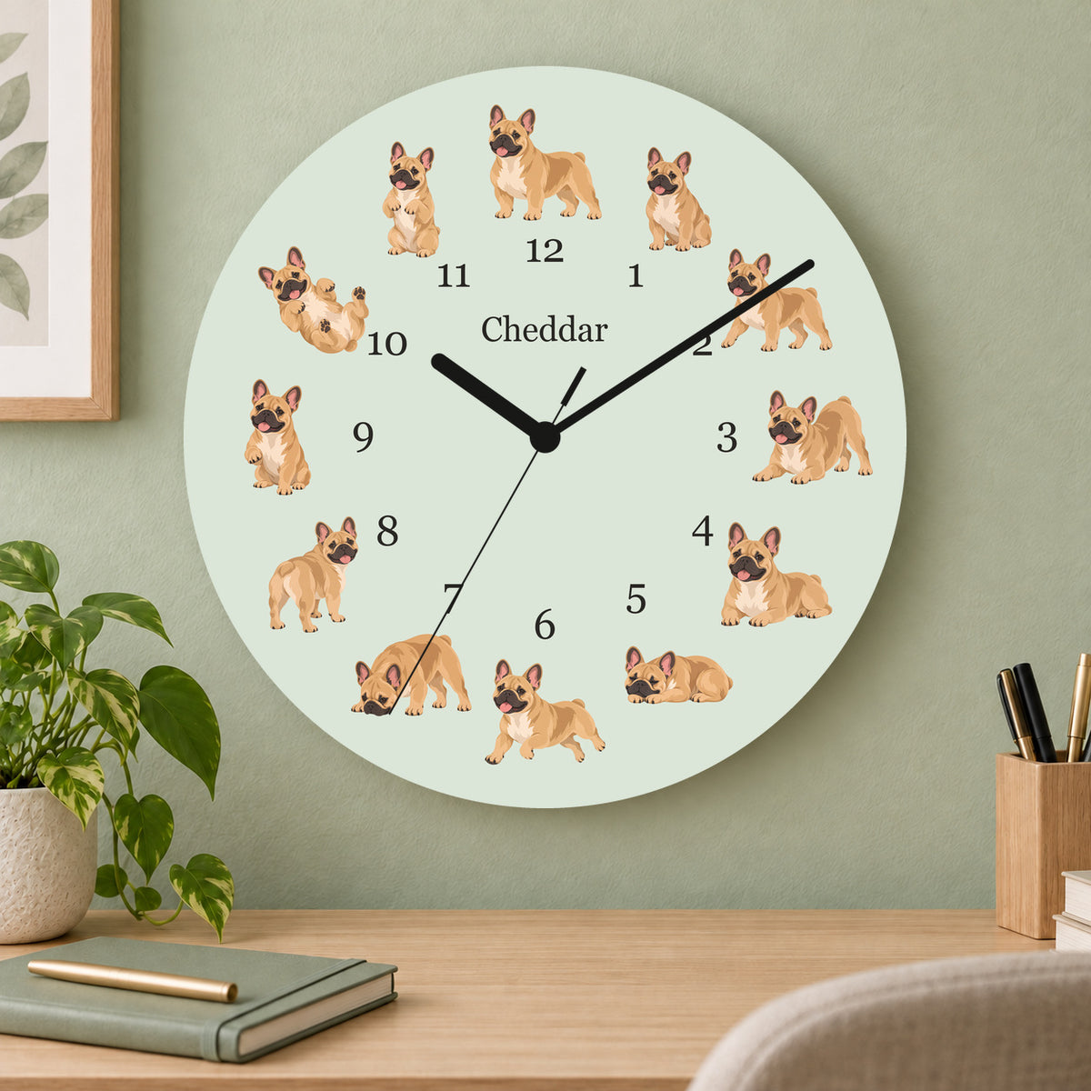 Personalized French Bulldog wooden wall clock with example name Cheddar; home office