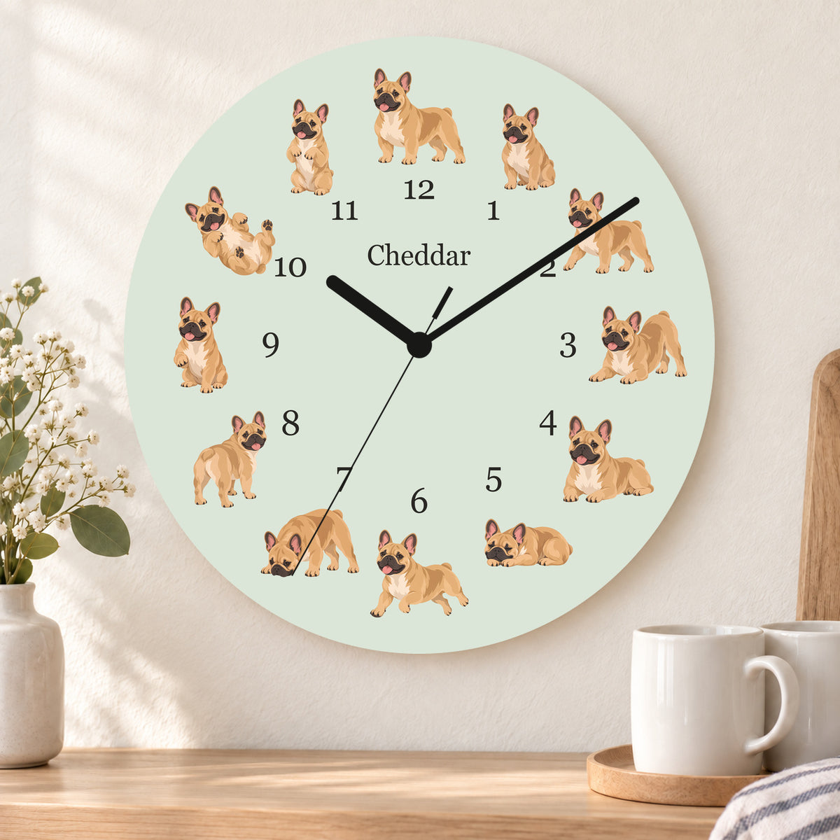 Personalized French Bulldog wooden wall clock with example name Cheddar; kitchen