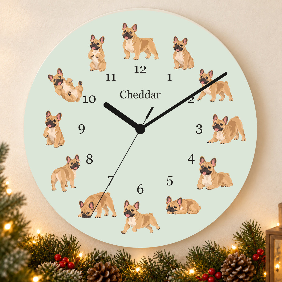 Personalized French Bulldog wooden wall clock with example name Cheddar; holiday