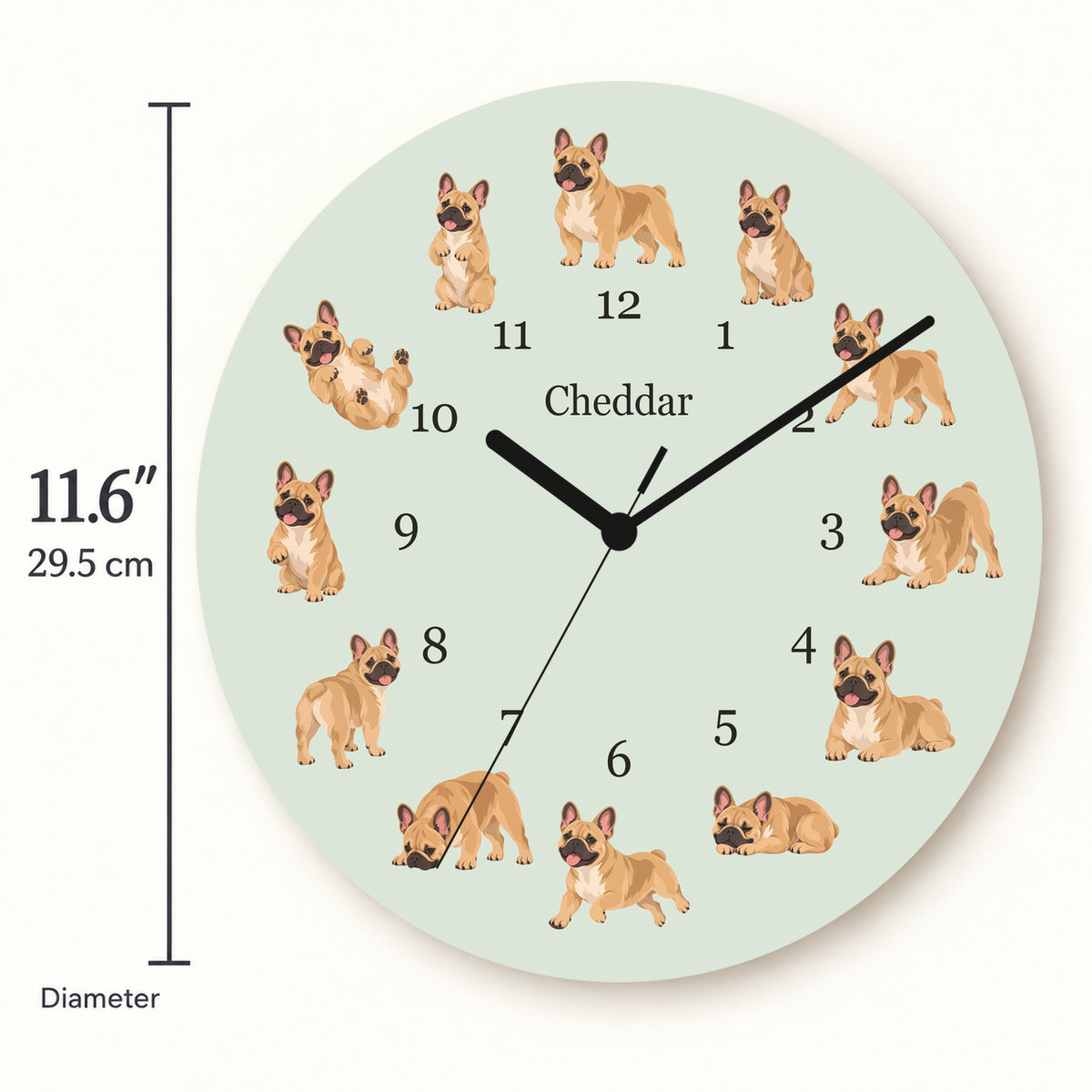 Personalized French Bulldog wooden wall clock with example name Cheddar; size