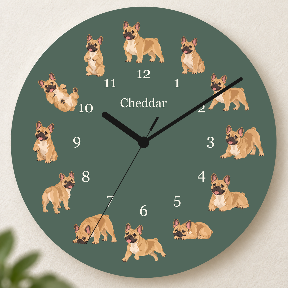 Personalized French Bulldog Wall Clock, Custom Pet Name, 11.6 Inch Wooden Clock — Deep Sage background